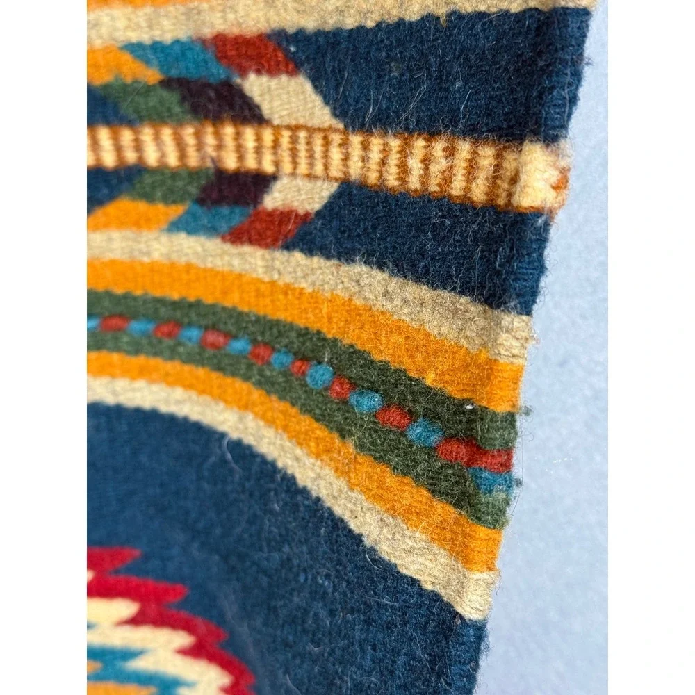 Vintage Zapotec Mexican Wool Tapestry Runner Blue Southwestern 100% Lana